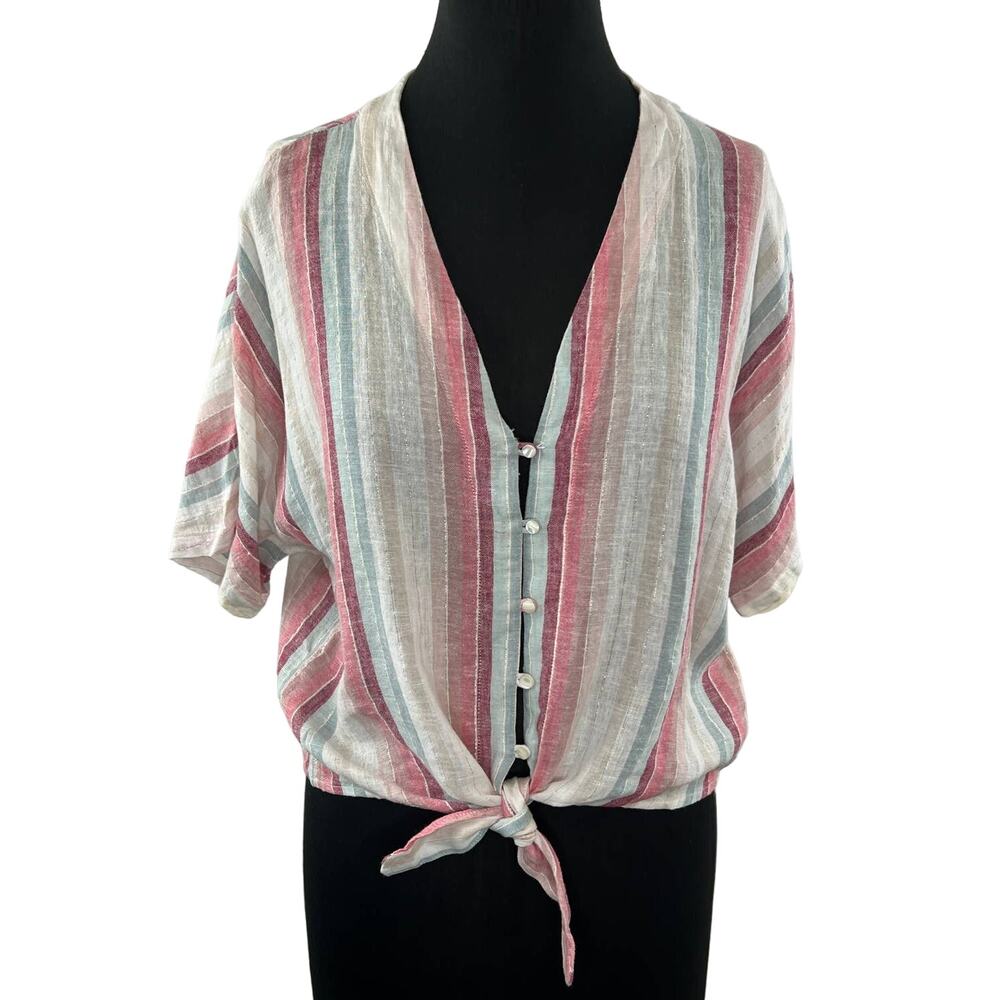 RAILS Thea Tropic Stripe Top Button-Up Cropped Tie Hem Linen Metallic Shirt S